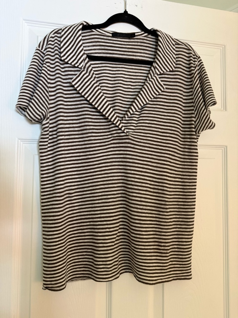 Men’s Raffi 100% linen Striped Short Sleeve Polo Top in brown and Cream size M